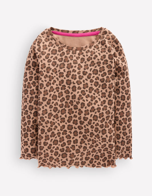 Ribbed Long Sleeve T-shirt-Milk Chocolate Brown leopard