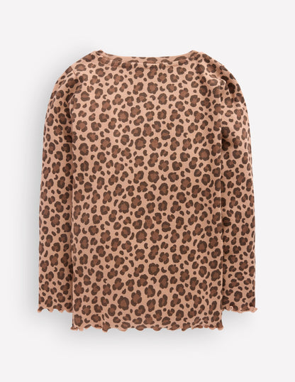 Ribbed Long Sleeve T-shirt-Milk Chocolate Brown leopard
