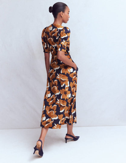 Puff Sleeve Ponte Shirt Dress-French Navy, Flowering Garden