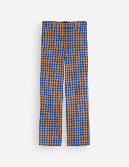 Canonbury Cotton 7/8 Trousers-Camel, Blue Gingham