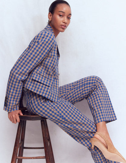 Canonbury Cotton 7/8 Trousers-Camel, Blue Gingham